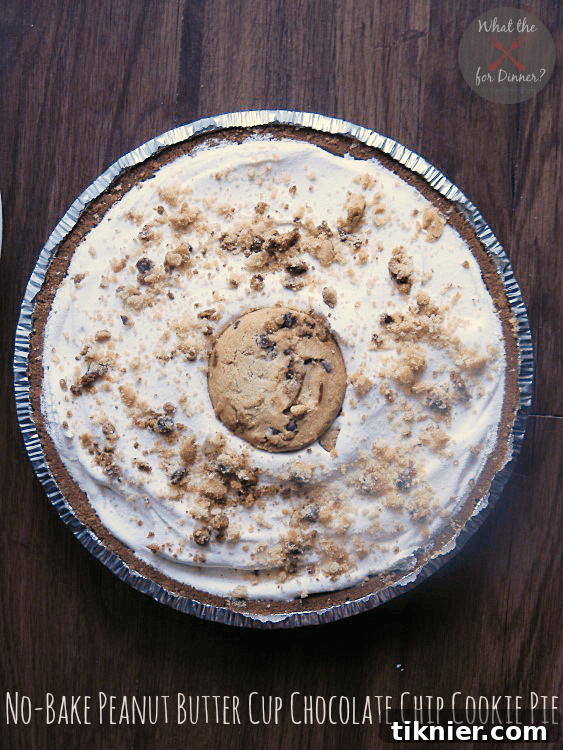 A rich No Bake Peanut Butter Cup Chocolate Chip Cookie Pie featuring crunchy cookies and creamy peanut butter cups.