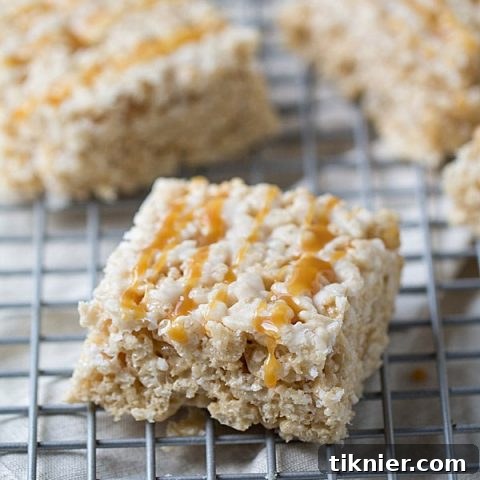 Caramel Macchiato Krispie Treats, a top-down view showing perfect squares and caramel drizzle.