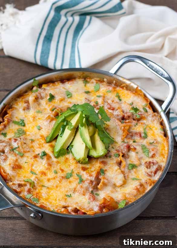 15 One-Pan Wonders for Effortless Meals 7 Cheesy Tex-Mex enchilada skillet lasagna, layered with bold flavors for an easy dinner.