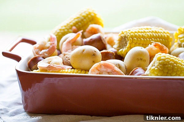 Close-up of freshly cooked shrimp, corn, and sausage, ready for a Low Country Boil