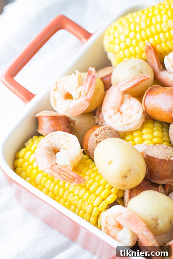 Overhead shot of a rustic Low Country Boil feast, perfect for sharing