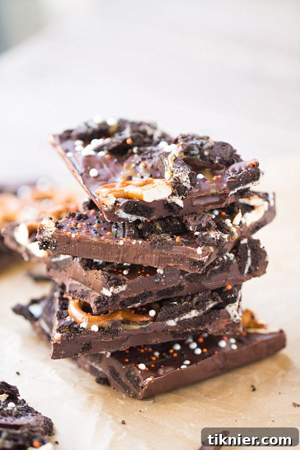 Close-up of Dark Chocolate Oreo Pretzel Bark with Caramel Drizzle