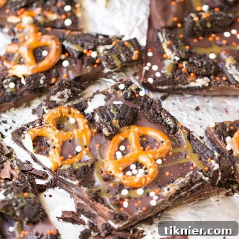 Dark Chocolate Oreo Pretzel Bark on a white plate