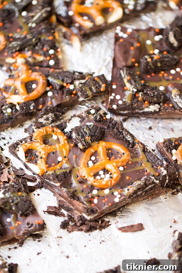 Dark Chocolate Oreo Pretzel Bark beautifully arranged