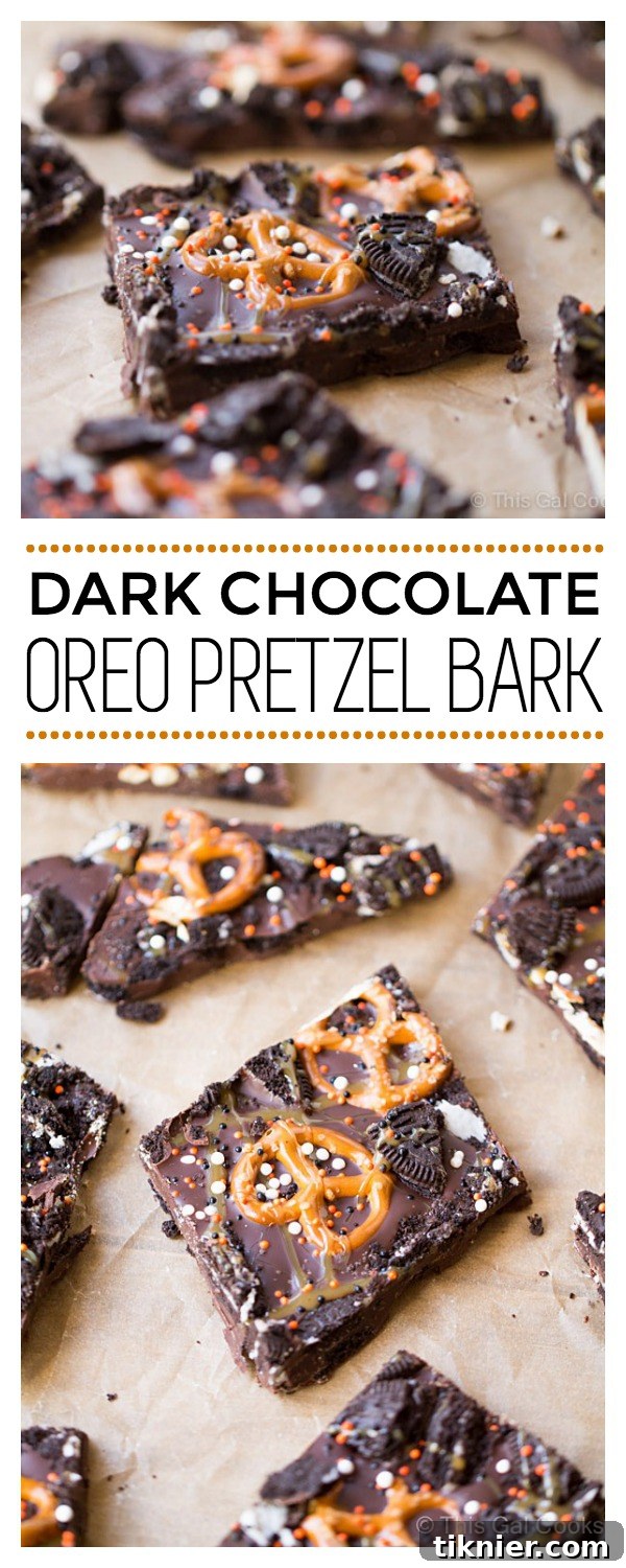 Dark Chocolate Oreo Pretzel Bark ready to be broken into pieces