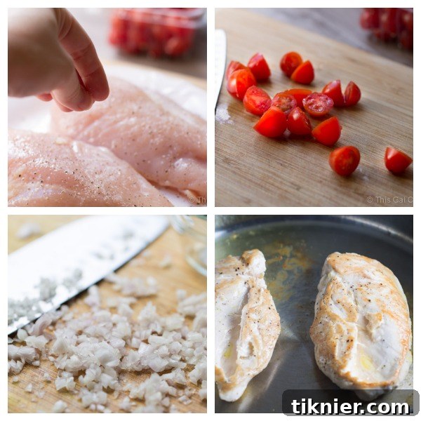 Ingredients laid out for One Pan Chicken Pasta with Chardonnay Wine Sauce, including wine, pasta, and fresh produce.