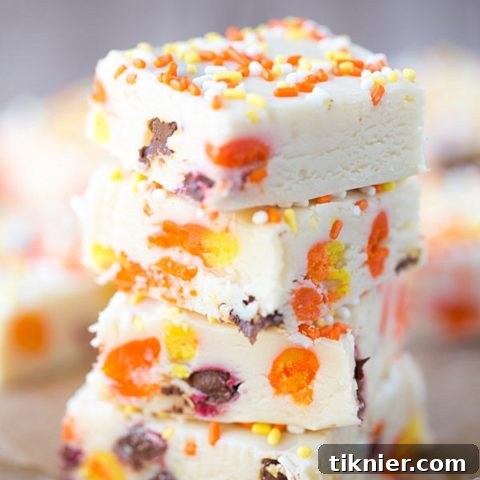 A top-down view of the festive Candy Corn M&M White Chocolate Fudge recipe card.