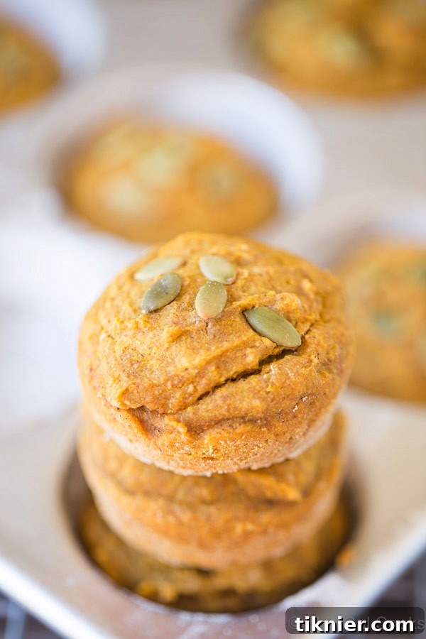 Overhead shot of two healthier pumpkin muffins on a wooden board, highlighting their texture and simple elegance.