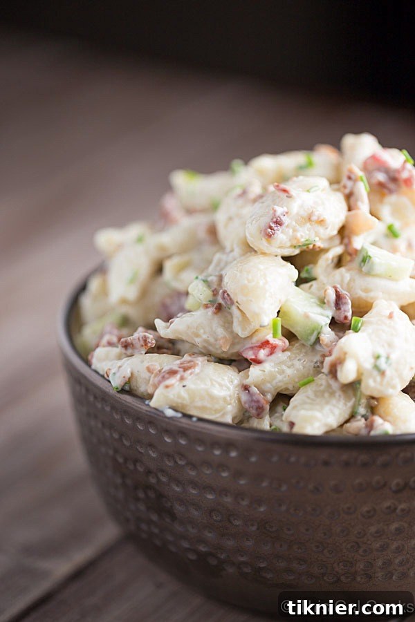 A close-up of creamy Bacon Ranch Pasta Salad, perfect for any gathering or as a delicious side dish.