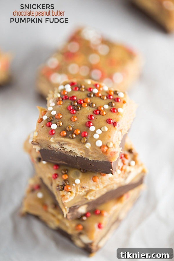 Rich Snickers Chocolate Peanut Butter Pumpkin Fudge with festive sprinkles, perfect for fall desserts. A truly irresistible and easy recipe from This Gal Cooks.