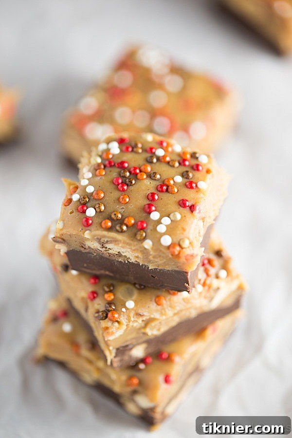 A top-down view of the irresistible Snickers Chocolate Peanut Butter Pumpkin Fudge, garnished with sprinkles.