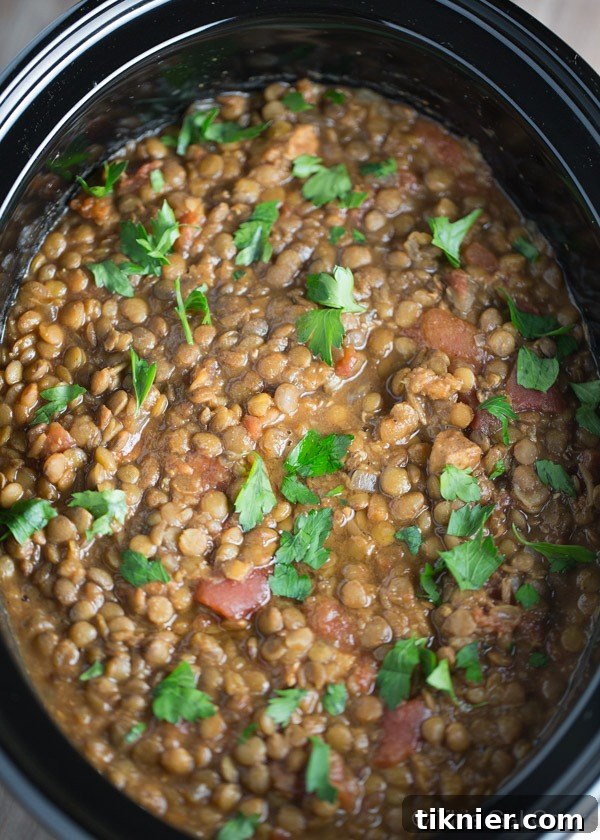 A bowl of Slow Cooker Moroccan Lentil Soup served over rice, a healthy and delicious #dinner idea.