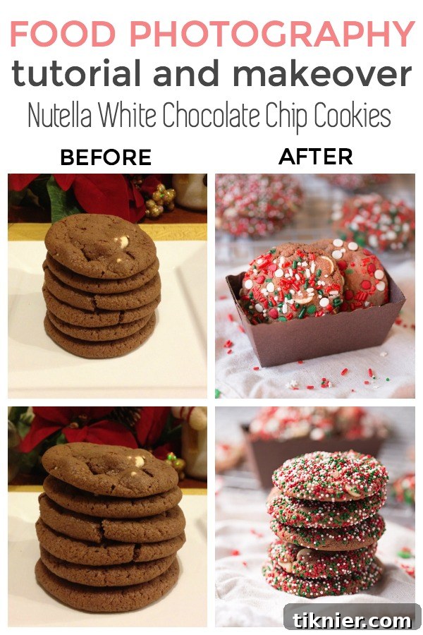 Food Photography Tutorial and Makeover: Nutella White Chocolate Chip Cookies. Equipment, camera settings and Lightroom editing info included. An overhead shot of beautifully arranged cookies on a white surface, showcasing rich textures and appealing colors.