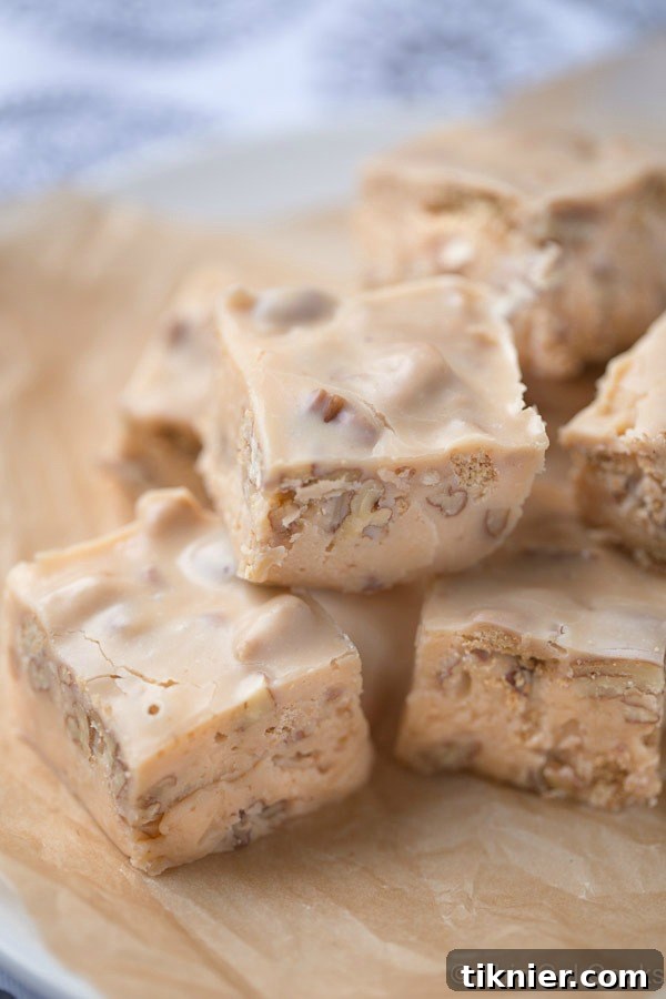 Beautifully cut pieces of Butter Pecan Fudge displayed with whole pecans, tempting to eat.