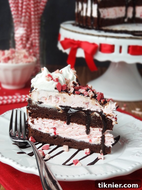 40+ Chocolate Peppermint Treats 27 Stunning Peppermint Brownie Ice Cream Cake, the ultimate cool holiday dessert by Life Love and Sugar