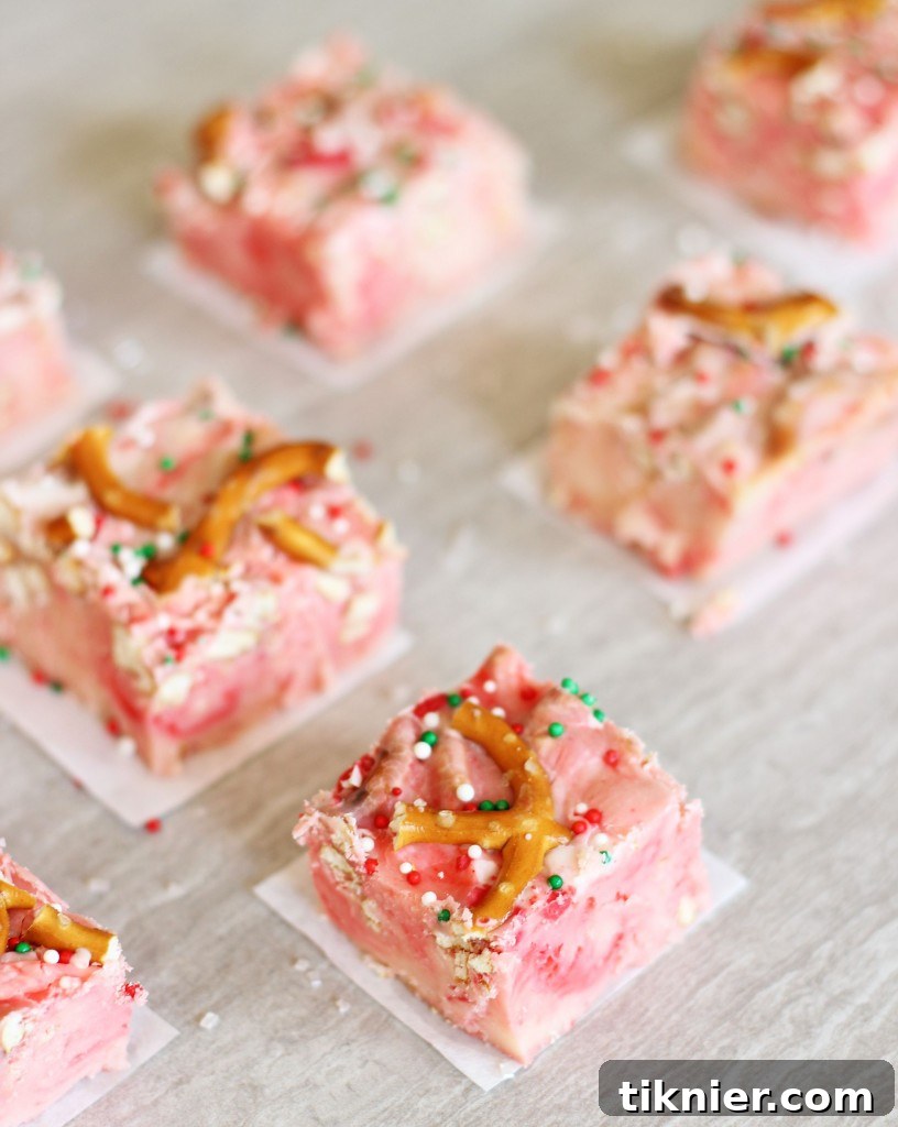 40+ Chocolate Peppermint Treats 38 White Chocolate Peppermint Pretzel Fudge with a sweet and salty crunch by The Gold Lining Girl