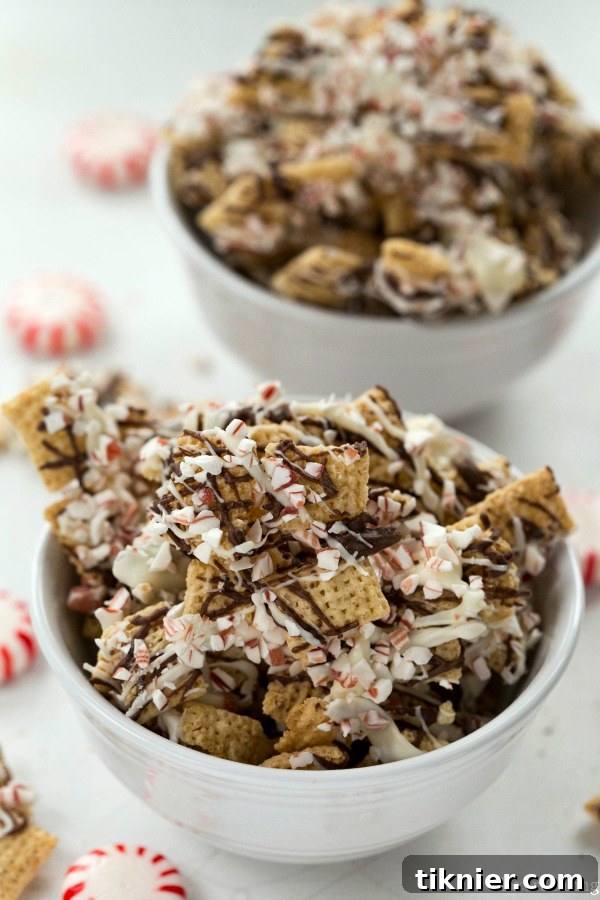 40+ Chocolate Peppermint Treats 6 Crunchy Peppermint Bark Chex Mix, a sweet and salty holiday snack from I Heart Eating