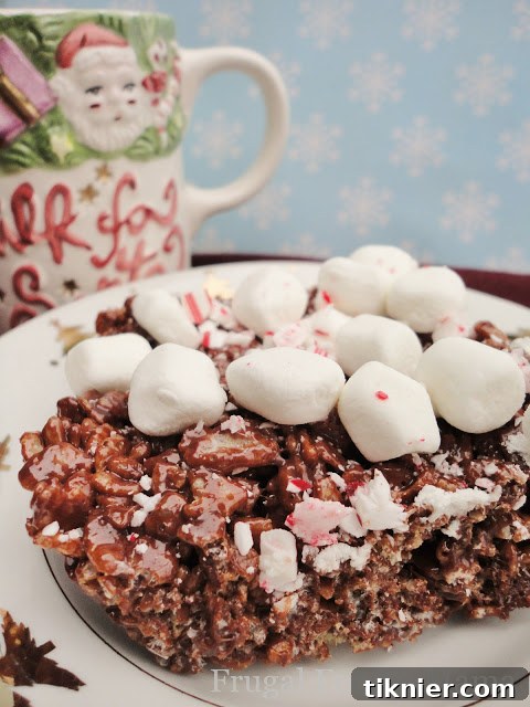 40+ Chocolate Peppermint Treats 8 Peppermint Hot Chocolate Krispie Treats, a fun and easy dessert from Frugal Foodie Mama