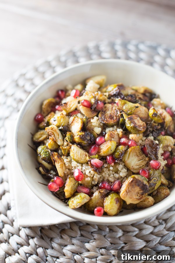 A generous serving of Roasted Brussels Sprouts with Quinoa and Pomegranate in a rustic bowl, captured from an overhead view, showcasing the vibrant colors and fresh ingredients.