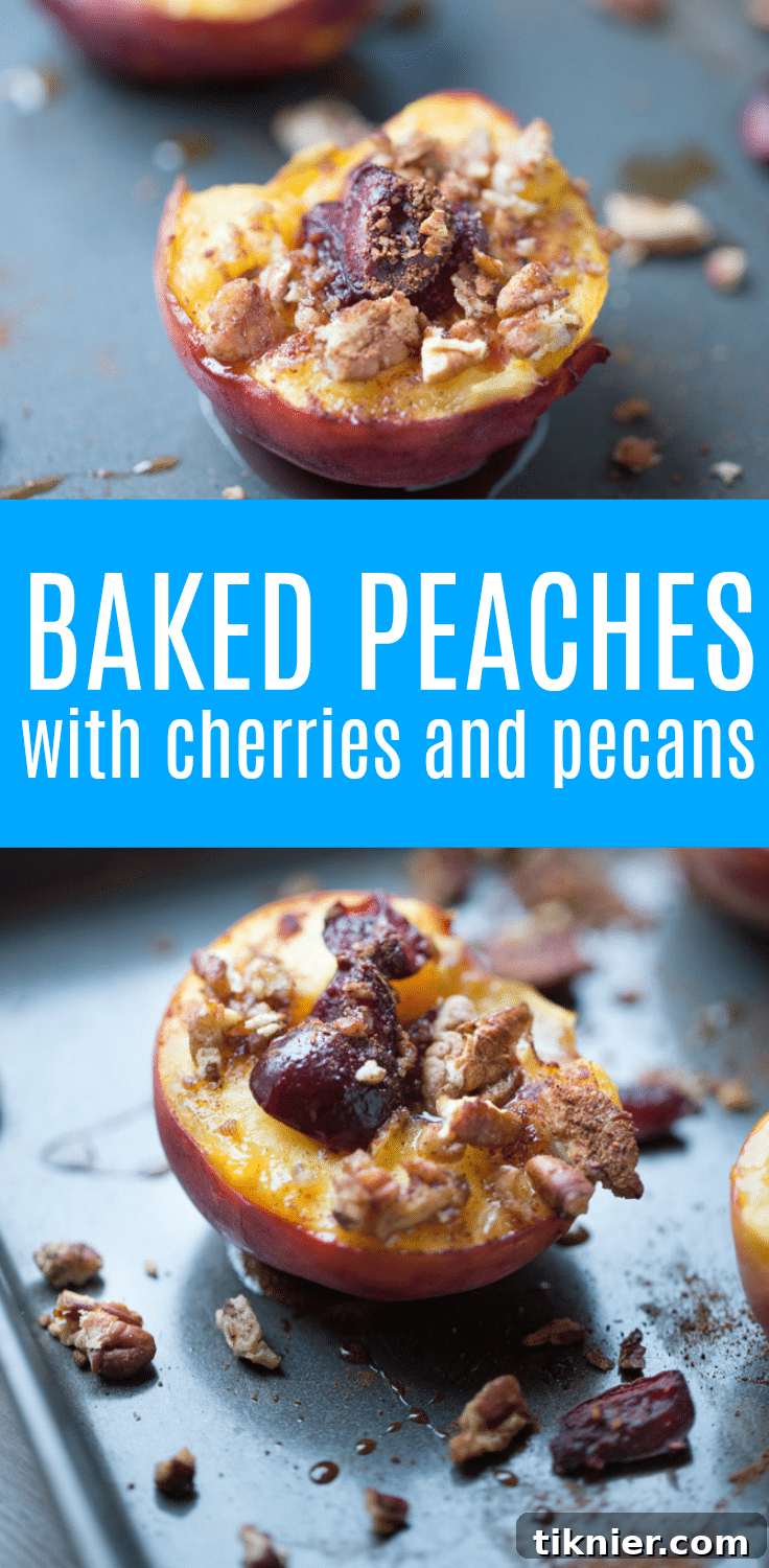 Baked Peaches with Cherries and Pecans. A healthier sweet dessert option with bold flavor!