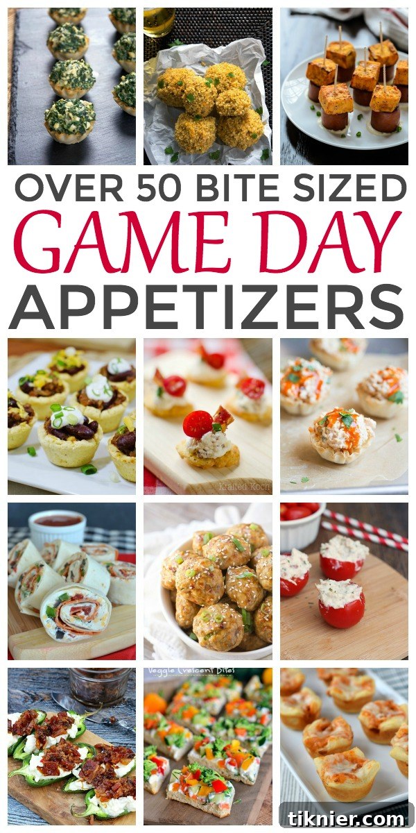 A vibrant spread of over 50 delicious bite-sized game day appetizers, perfect for Super Bowl menu planning and party hosting.