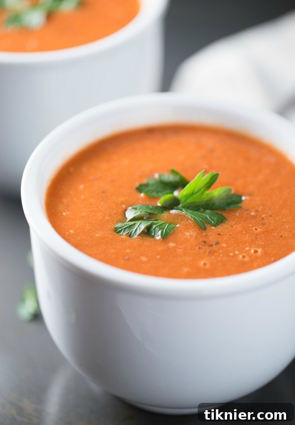 Roasted Tomato Soup is made with fresh roasted tomatoes, onions, thyme and balsamic vinegar. Half and Half is added for extra creaminess! 110 cal/serving!