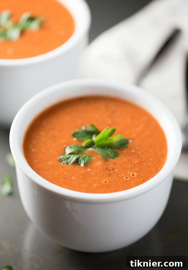 Roasted Tomato Soup is made with fresh roasted tomatoes, onions, thyme and balsamic vinegar. Half and Half is added for extra creaminess! 110 cal/serving!