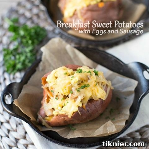 Delicious Stuffed Breakfast Sweet Potatoes with Scrambled Eggs and Chicken Sausage