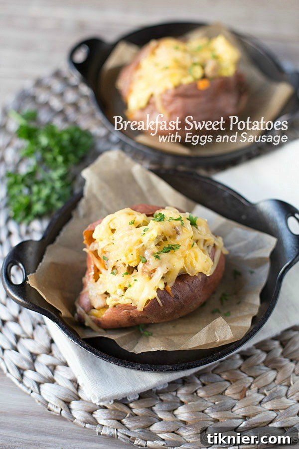 Stacked Breakfast Sweet Potatoes with Eggs, Sausage, and Gouda