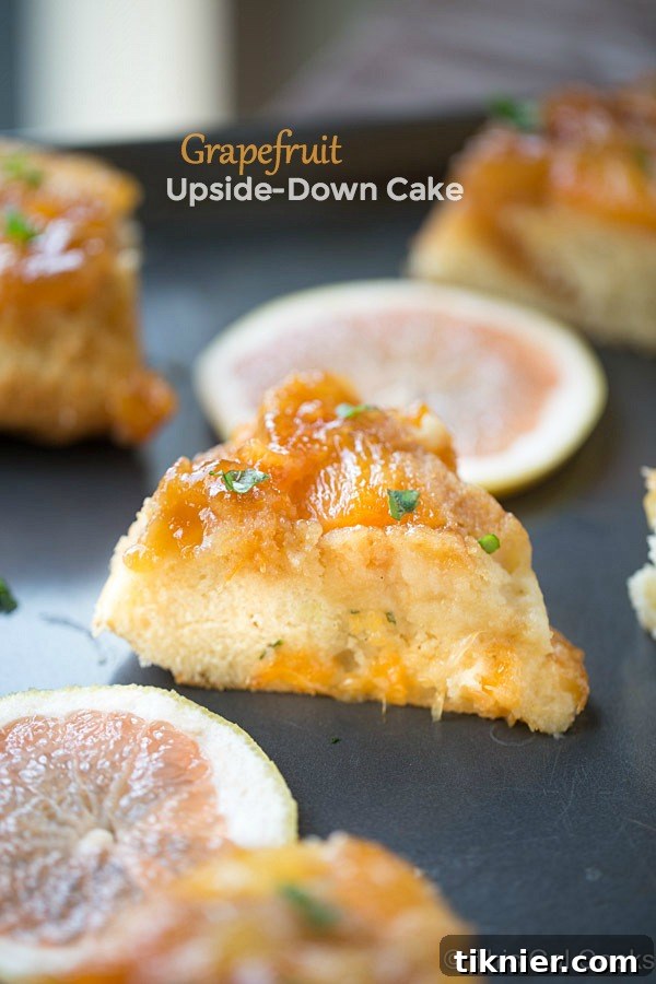 Caramelized Grapefruit Upside Down Cake 2 A beautifully presented slice of Florida Grapefruit Upside Down Cake, showcasing the caramelized grapefruit slices and a light, fluffy cake base. Garnished with fresh basil leaves.