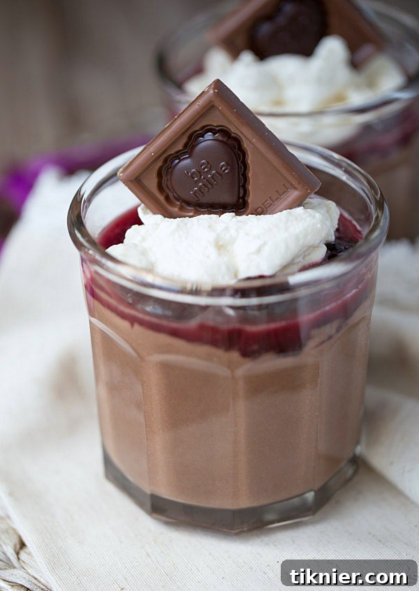 Decadent homemade chocolate pudding cups topped with luscious cherry sauce and airy whipped cream, perfect for a special treat.