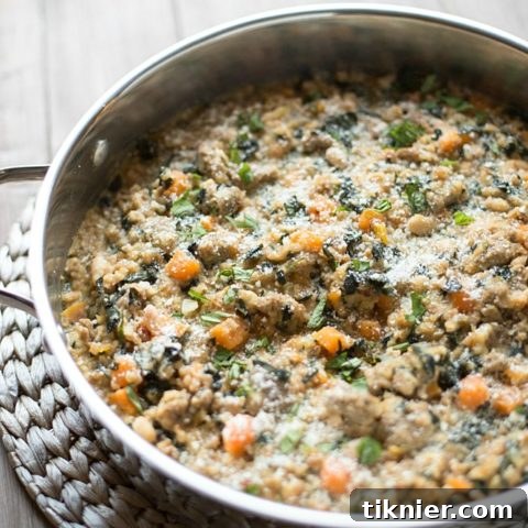 Skillet Farro and Turkey Sausage Casserole with Kale and Sweet Potatoes close up