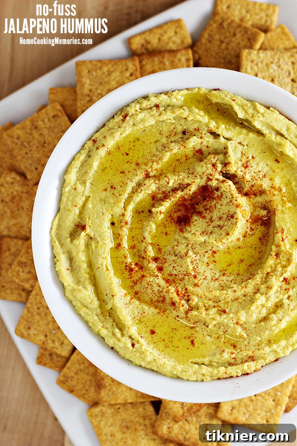Spicy and easy No Fuss Jalapeno Hummus, perfect for dipping.