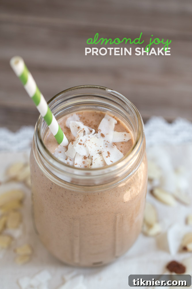 Another view of the Almond Joy Protein Shake, showcasing its rich, creamy texture and delicious appeal as a healthy, dairy-free breakfast option. Perfect for pinning!