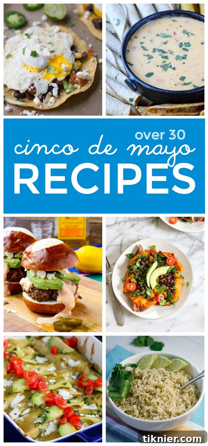 A colorful spread of Mexican and Tex-Mex dishes for Cinco de Mayo, featuring tacos, enchiladas, salsas, and more.