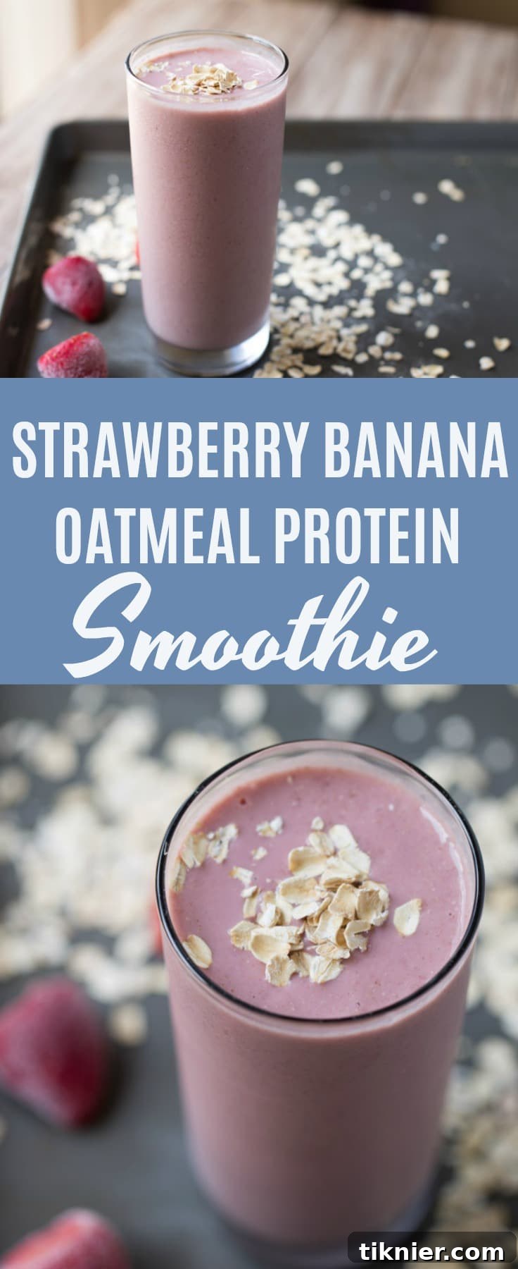 A thick and creamy Strawberry Banana Oatmeal Protein Smoothie in a tall glass, garnished with fresh strawberries. Perfect for a plant-based, gluten-free, and filling breakfast. #smoothie #plantbased #breakfast #vegetarian #realfood #glutenfree