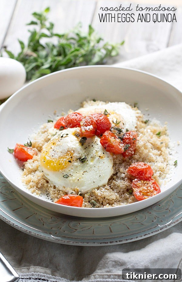 Delicious and nutritious Roasted Tomatoes with Eggs and Quinoa, a perfect healthy breakfast or brunch option. From This Gal Cooks.