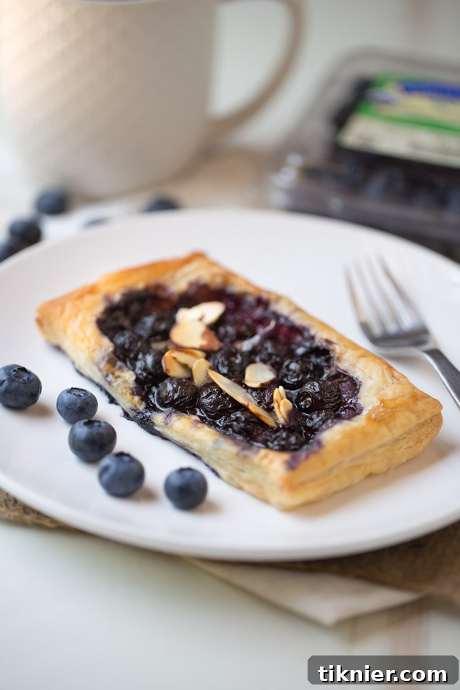 Closeup of Blueberry Brie Pastry Tarts, showcasing the golden pastry, melted Brie, and fresh blueberries.