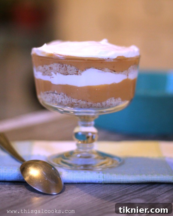 Beautifully layered Butterscotch Pudding Trifle in a dessert glass