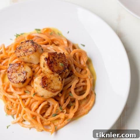 Blackened Scallops with Sweet Potato Noodles, a healthy and gluten-free seafood recipe.