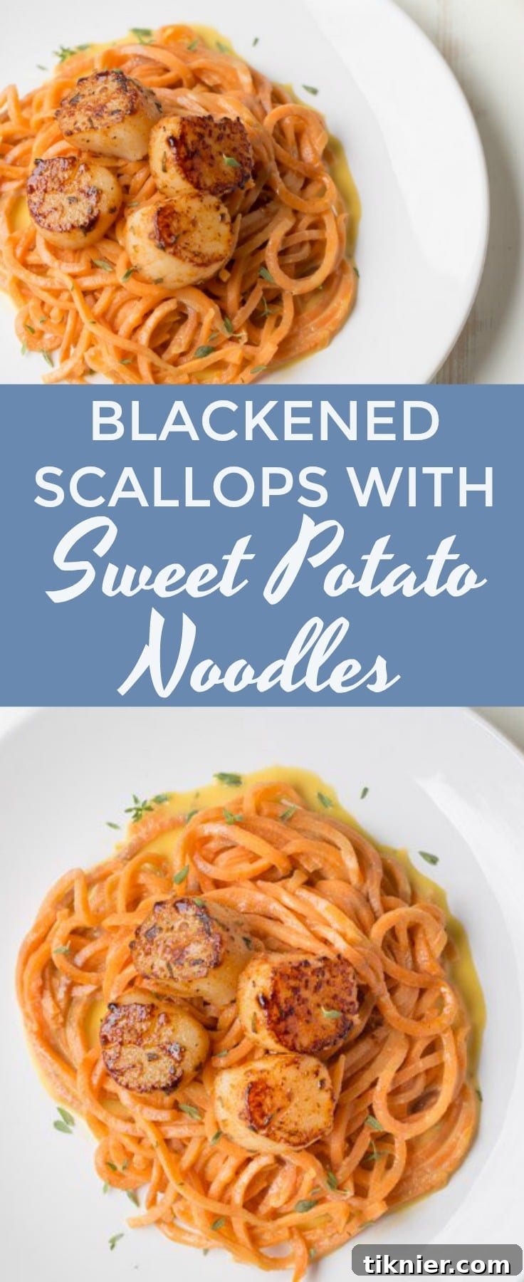 Beautiful overhead shot of Blackened Scallops with Sweet Potato Noodles on a rustic wooden surface, perfect for healthy dinner ideas. #Whole30 #Paleo #Healthy #Scallops #Seafood #Recipe #Dinner #SweetPotatoNoodles