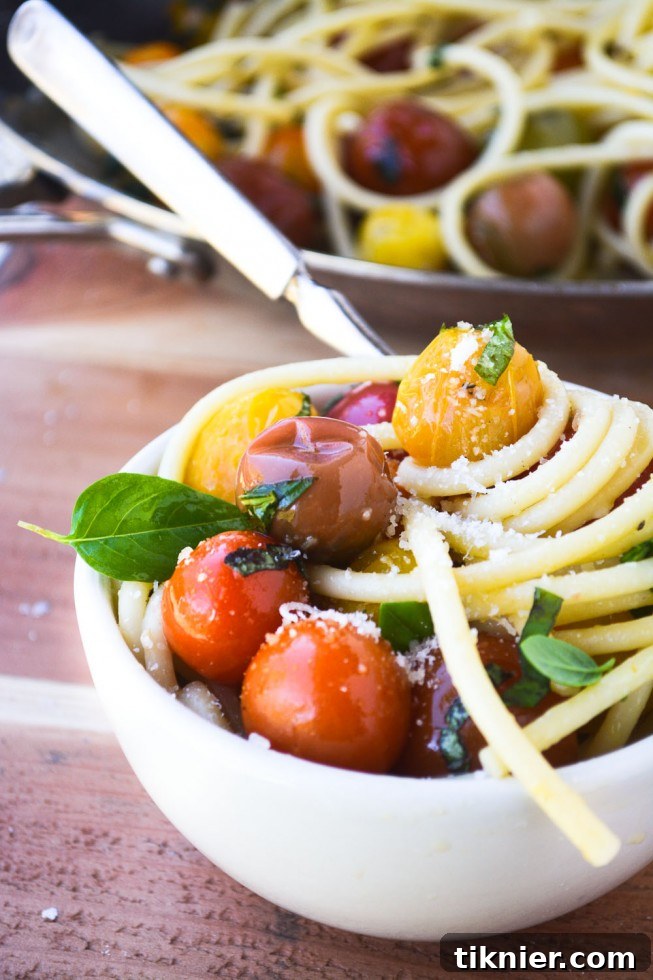 Bucatini Burst Tomatoes - A fresh vegetarian pasta