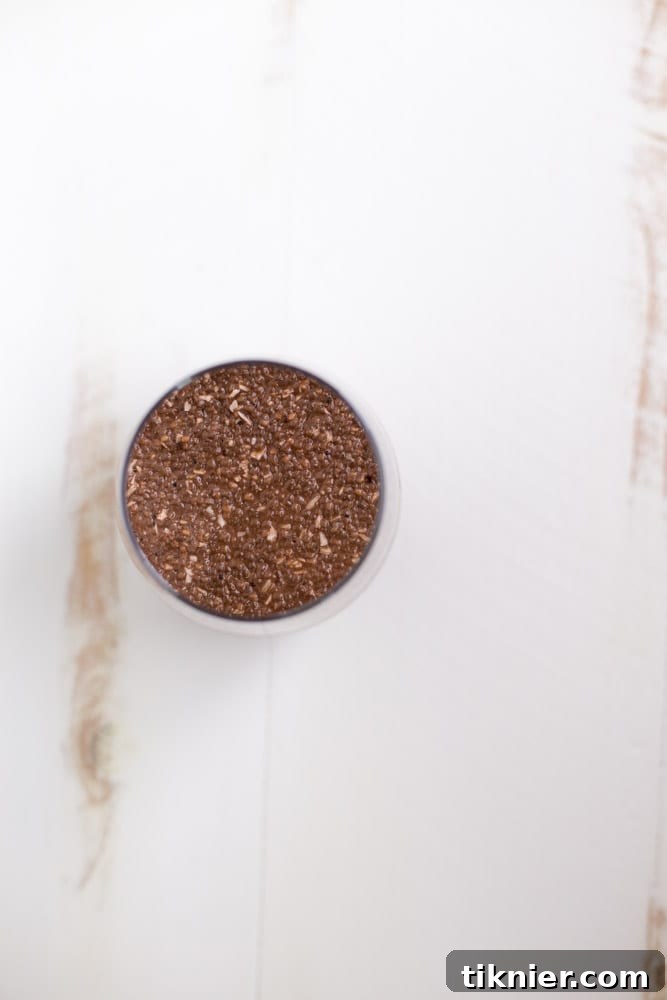 Close-up of creamy Chocolate Coconut Chia Pudding, a healthy and easy dairy-free dessert or breakfast made with superfood ingredients like chia seeds and cacao.