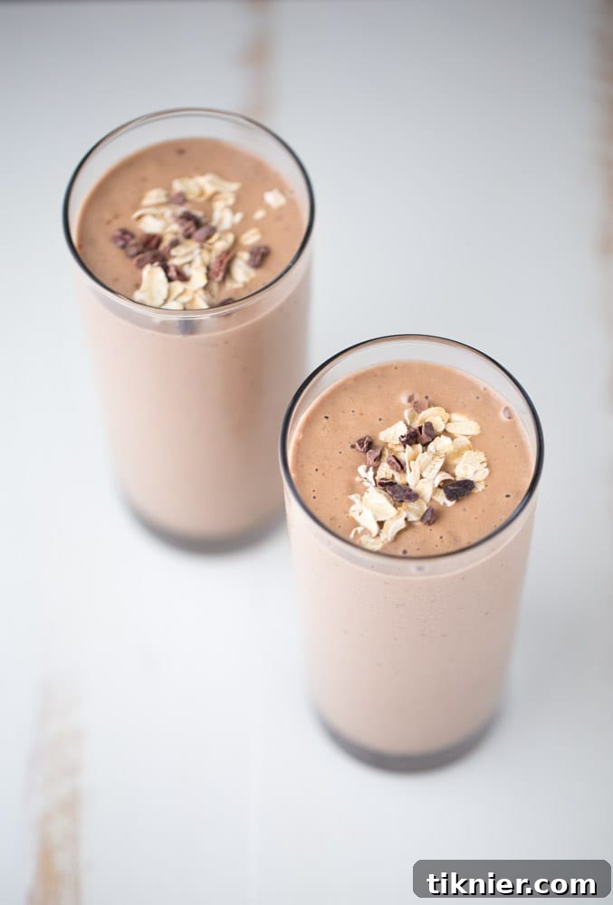 Delicious Chocolate Peanut Butter Smoothie, made with superfoods. Dairy free and vegan. Perfect for a healthy breakfast or snack.