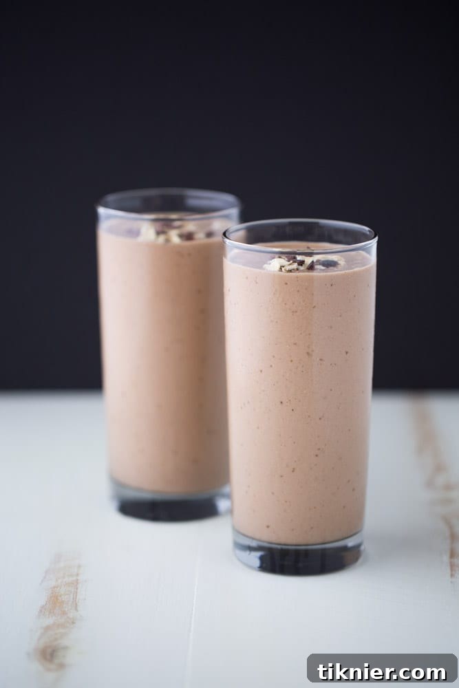 Another view of the delicious Chocolate Peanut Butter Smoothie, dairy free, vegan, and made with superfoods for a healthy lifestyle.