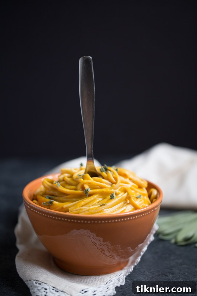 A close-up of Vegan Pumpkin Cream Sauce, highlighting its rich, creamy texture and vibrant color. A healthy, low calorie, low sugar, and low fat plant-based option.