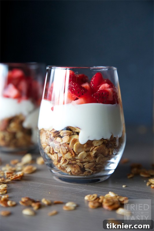 Colorful Fruit and Yogurt Breakfast Parfait, a refreshing and customizable morning meal.