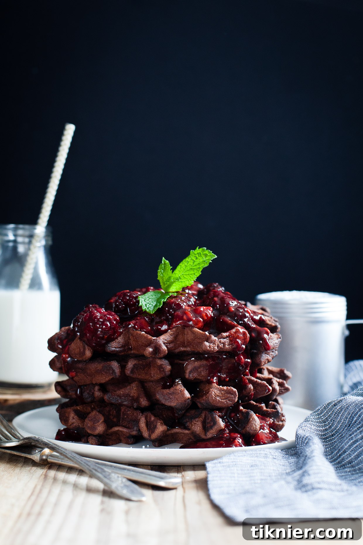 Decadent Gluten-Free Chocolate Chestnut Waffles with Balsamic Roasted Berries, a gourmet breakfast treat.