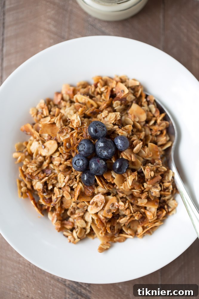 Homemade Vanilla Almond Granola, a crunchy and vegan addition to your meatless breakfast.