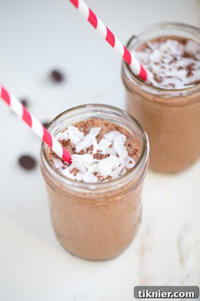 Rich and creamy Coconut Mocha Coffee Smoothie in a glass, ready to be enjoyed.